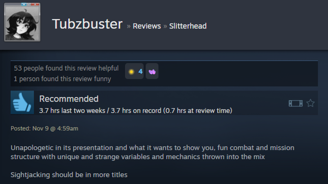 Screenshot showing a Steam user review of Slitterhead.